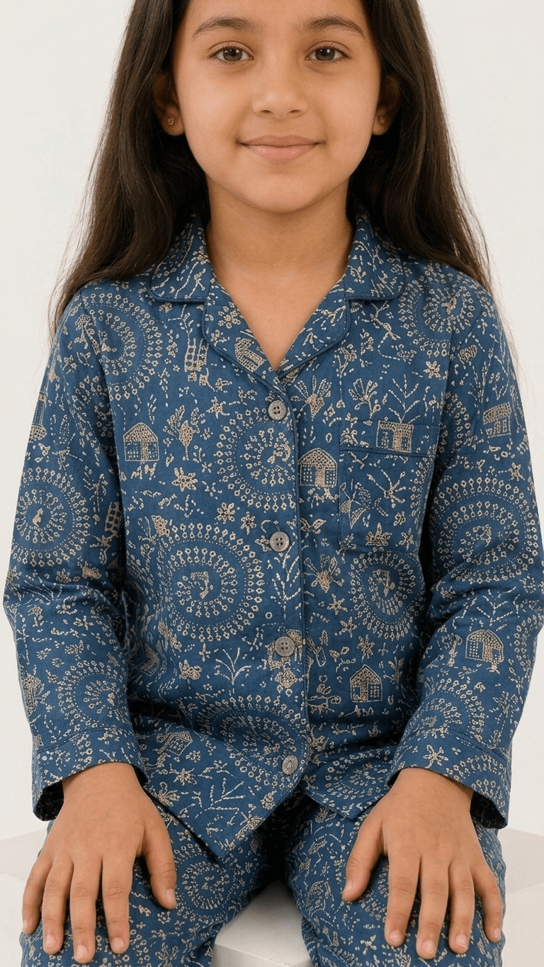 Satrangi House Kids 100% Pure Cotton Woven Full-Sleeve Indigo Blue Warli and Mandala Print Night Suit Pajama Set with Travel Pouch