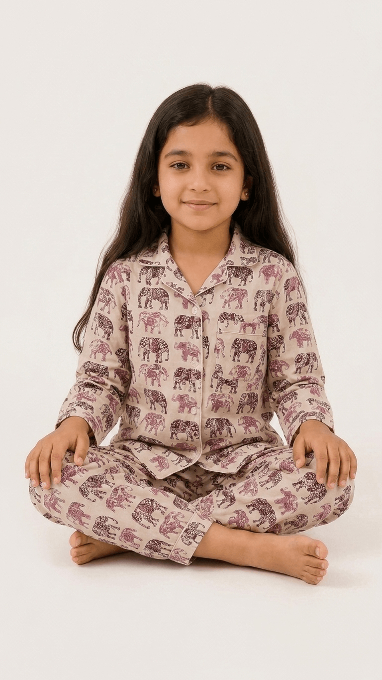 Satrangi House Kids 100% Pure Cotton Woven Full-Sleeve Maroon Elephant Print Night Suit Pajama Set with Travel Pouch - Grl-935