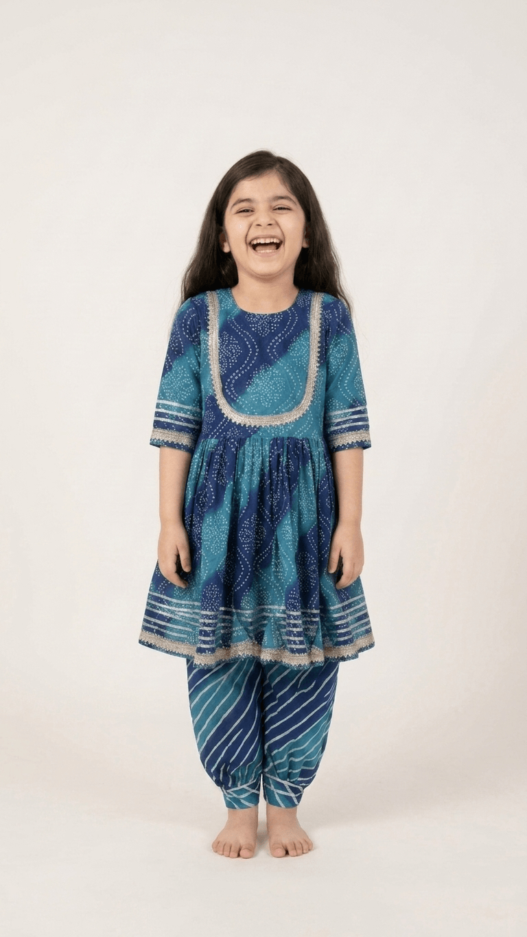 Girls Teal Blue Bandhani Print Kurti Sharara Set | Kids Gota Patti Work Traditional Salwar Kameez Suit