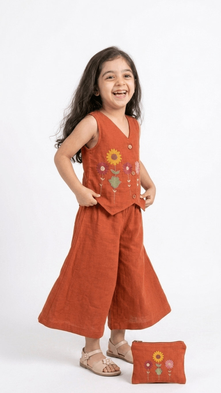 Girls Rust Orange Embroidered Waistcoat and Palazzo Co-Ord Set | Kids Indo-Western Casual Festive Fusion Dress