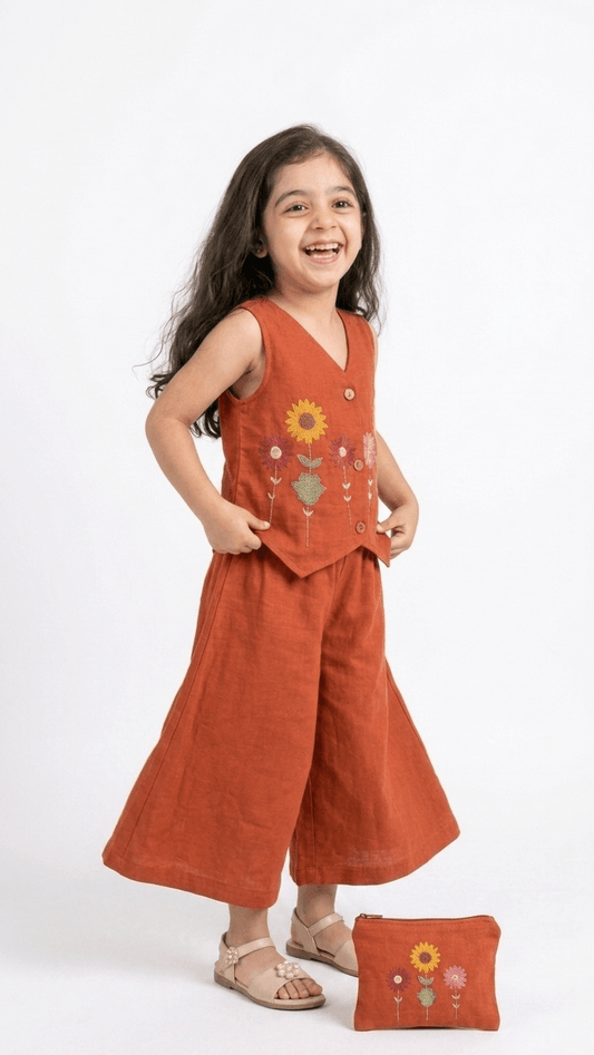 Girls Rust Orange Embroidered Waistcoat and Palazzo Co-Ord Set | Kids Indo-Western Casual Festive Fusion Dress