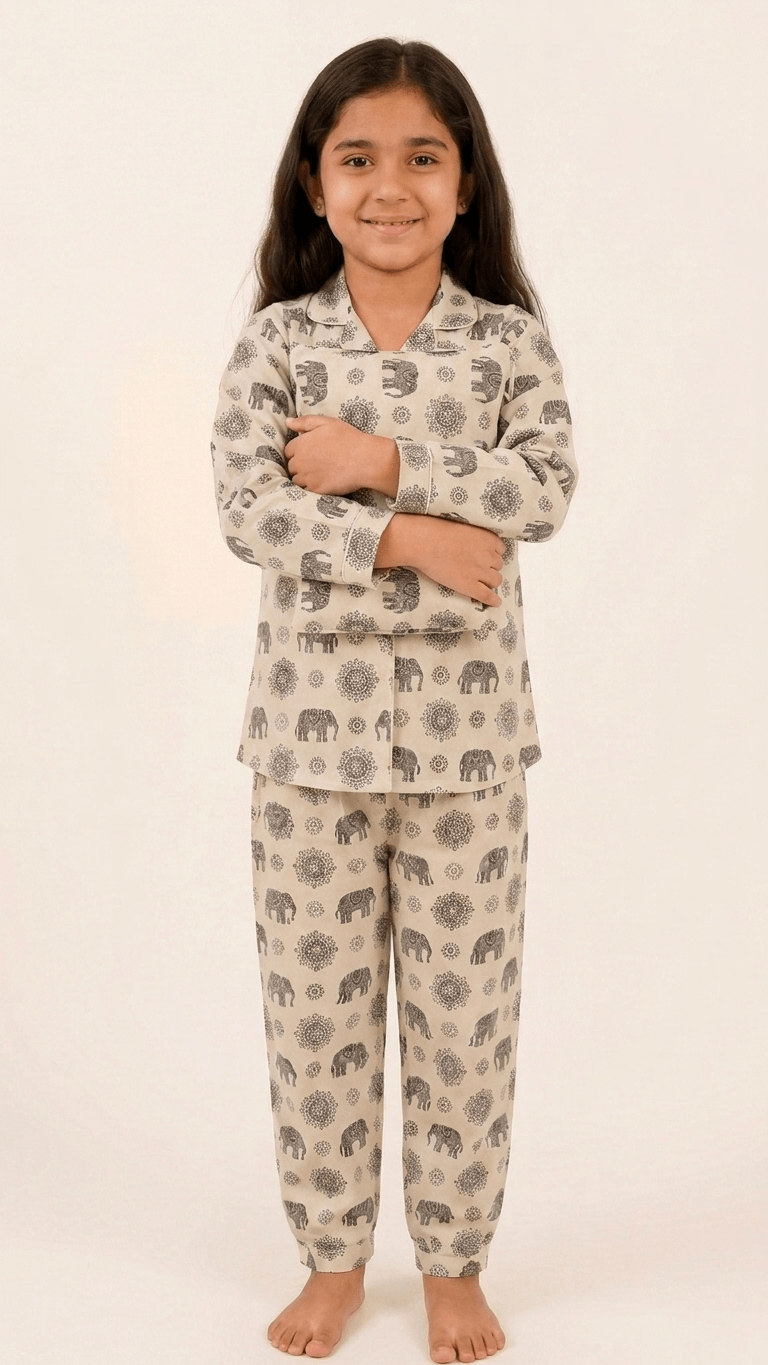 Satrangi House Kids 100% Pure Cotton Woven Full-Sleeve Black Mandala and Elephant Print Night Suit Pajama Set with Travel Pouch