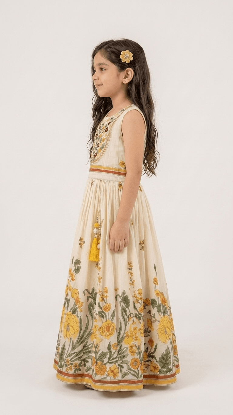 Girls Cream Floral Embroidered Ethnic Lehenga Gown Set | Kids Cotton Traditional Festive Wear Dress
