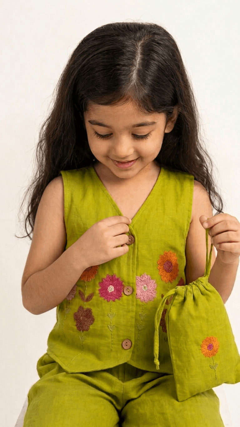Girls Lime Green Embroidered Waistcoat and Palazzo Co-Ord Set | Kids Indo-Western Casual Festive Fusion Dress