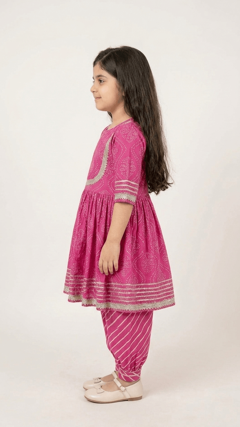 Girls Rani Pink Bandhani Print Kurti Sharara Set | Kids Gota Patti Work Traditional Salwar Kameez Suit