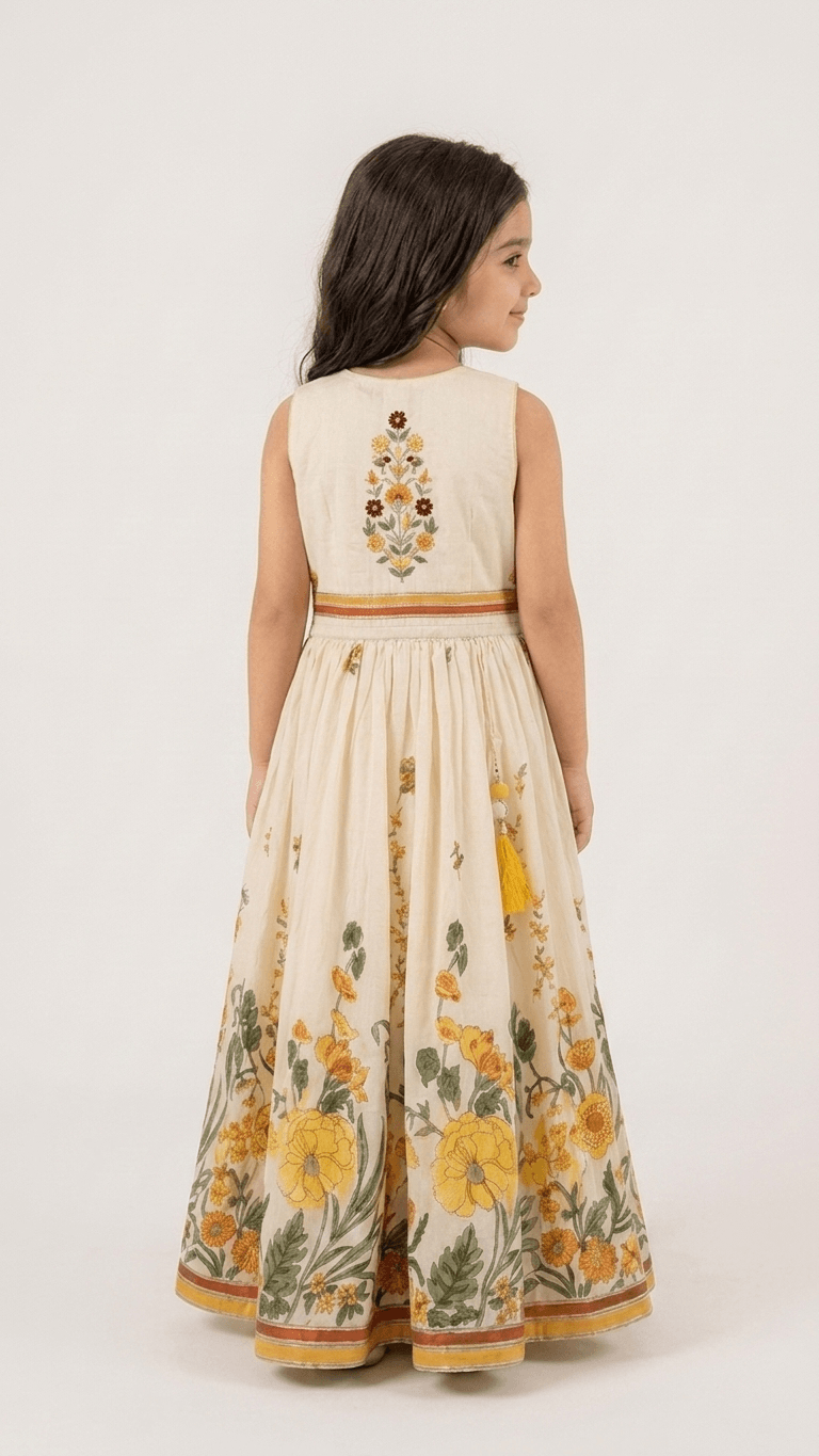 Girls Cream Floral Embroidered Ethnic Lehenga Gown Set | Kids Cotton Traditional Festive Wear Dress