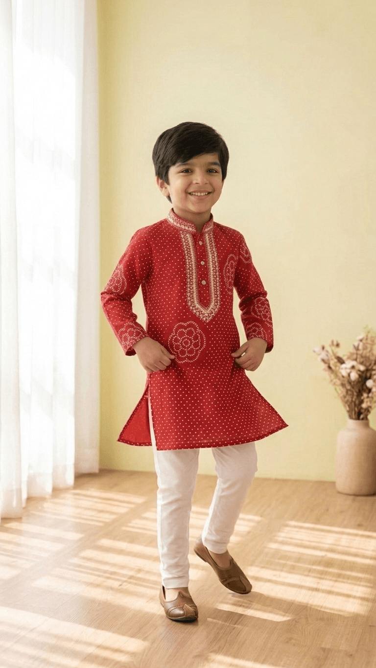 Brother Sister Matching Red Bandhani Festive Combo Set | Kids Crimson Lehenga Choli and Boys Kurta Pyjama Ethnic Suit