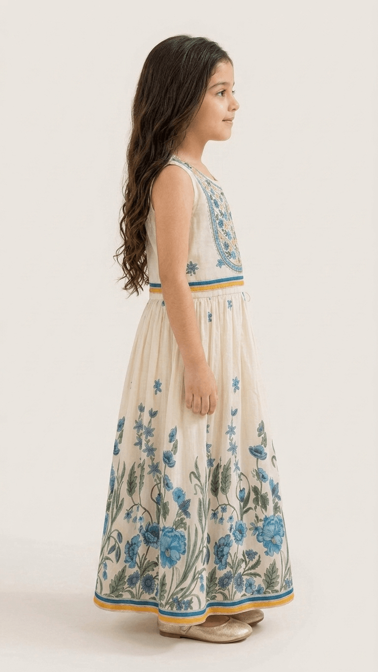 Girls Cream & Blue Floral Embroidered Ethnic Lehenga Gown | Kids Traditional Cotton Festive Wear Dress