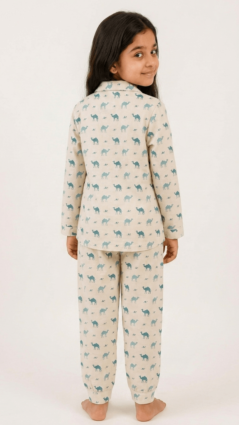 satrangi house Kids 100% Pure Cotton Woven Full-Sleeve Dark Teal Camel Print Night Suit Pajama Set with Travel Pouch