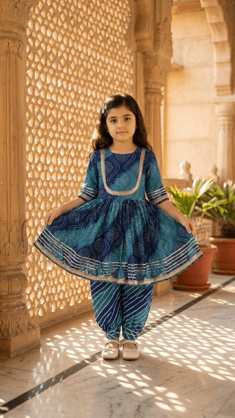 Girls Teal Blue Bandhani Print Kurti Sharara Set | Kids Gota Patti Work Traditional Salwar Kameez Suit