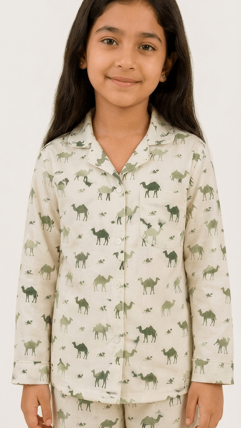 Satrangi House Kids 100% Pure Cotton Woven Full-Sleeve Olive Green Camel Print Night Suit Pajama Set with Travel Pouch