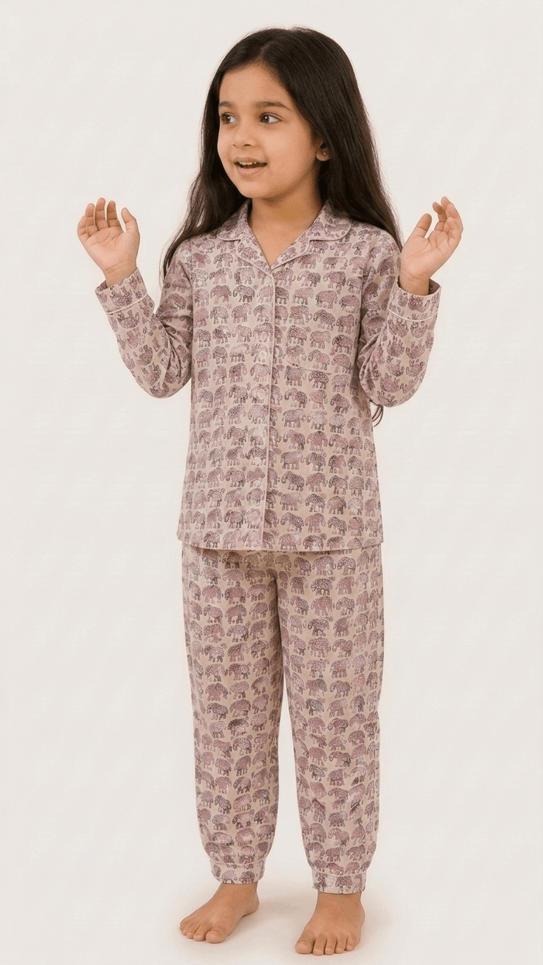 Satrangi House Kids 100% Pure Cotton Woven Full-Sleeve Elephant Print Night Suit Pajama Set with Travel Pouch - Pink
