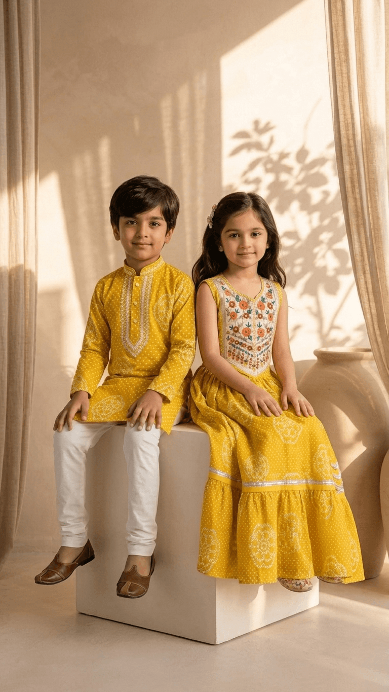 Brother Sister Matching Yellow Bandhani Festive Combo Set | Kids Haldi Lehenga Choli and Boys Kurta Pyjama Ethnic Suit
