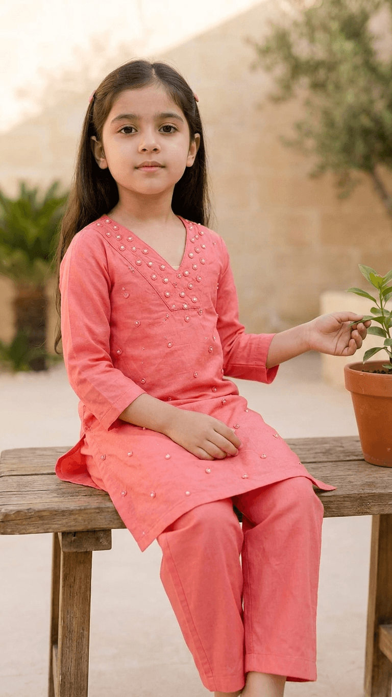 Girls Peach Mirror Work Kurta Pant Set | Kids Traditional Cotton Straight Kurti Trousers Festive Wear