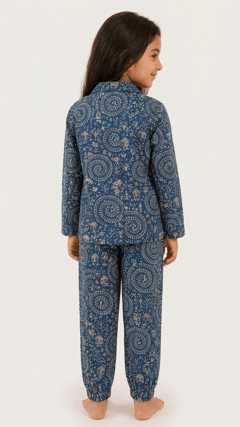 Satrangi House Kids 100% Pure Cotton Woven Full-Sleeve Indigo Blue Warli and Mandala Print Night Suit Pajama Set with Travel Pouch