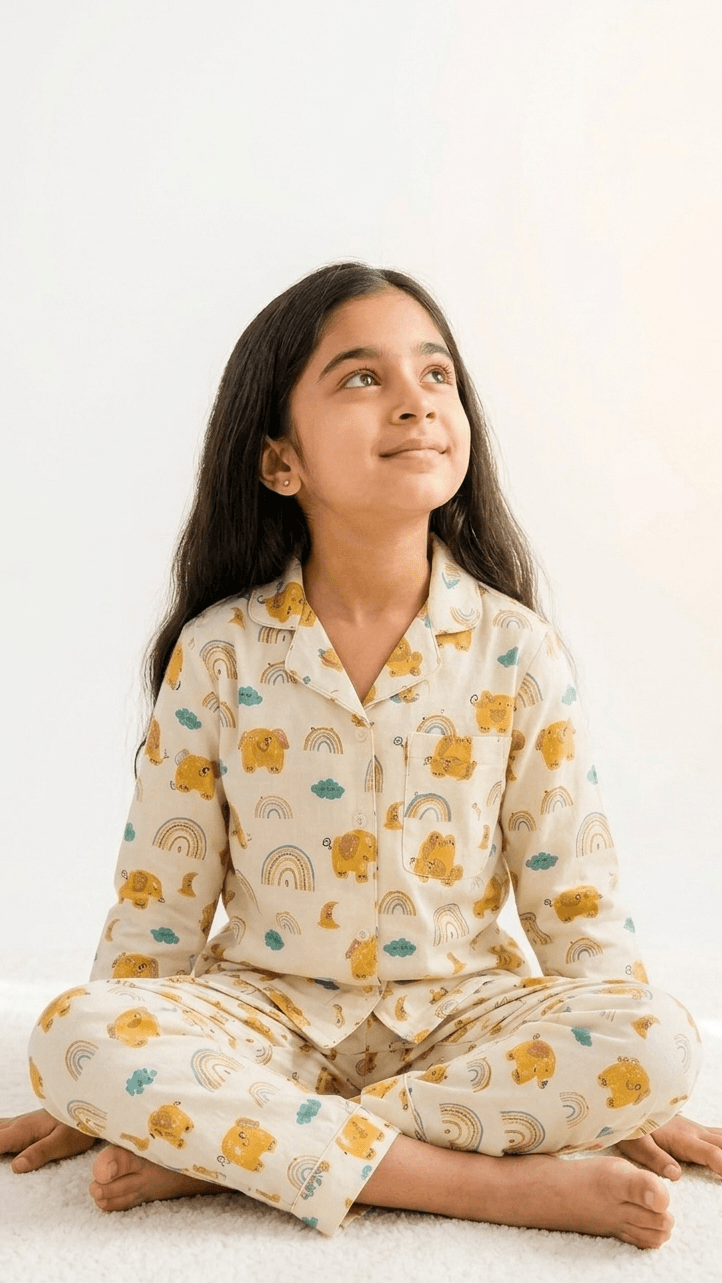 Satrangi House Kids 100% Pure Cotton Woven Full-Sleeve Yellow Elephant and Rainbow Print Night Suit Pajama Set with Travel Pouch