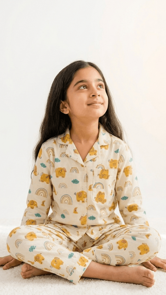 Satrangi House Kids 100% Pure Cotton Woven Full-Sleeve Yellow Elephant and Rainbow Print Night Suit Pajama Set with Travel Pouch