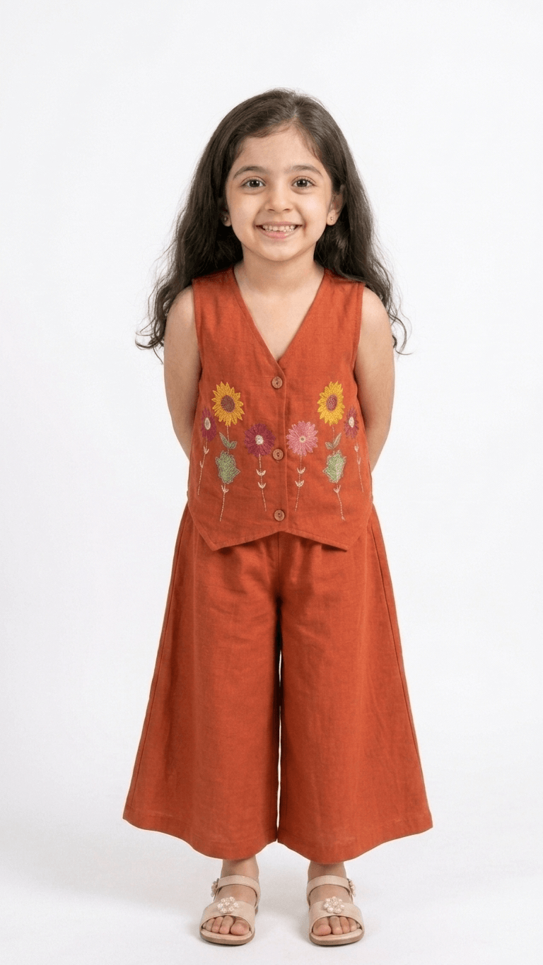 Girls Rust Orange Embroidered Waistcoat and Palazzo Co-Ord Set | Kids Indo-Western Casual Festive Fusion Dress