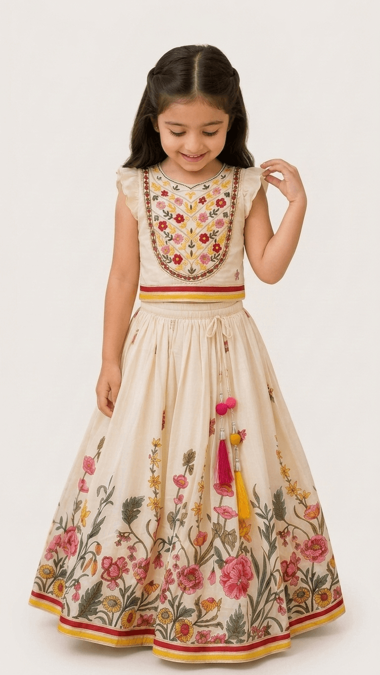 Girls Cream & Pink Floral Embroidered Lehenga Choli Set | Kids Flutter Sleeve Traditional Festive Wear Dress