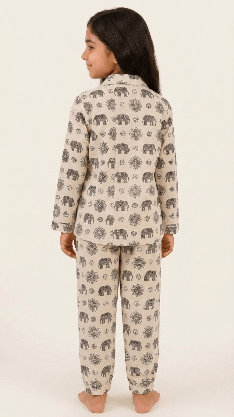 Satrangi House Kids 100% Pure Cotton Woven Full-Sleeve Black Mandala and Elephant Print Night Suit Pajama Set with Travel Pouch