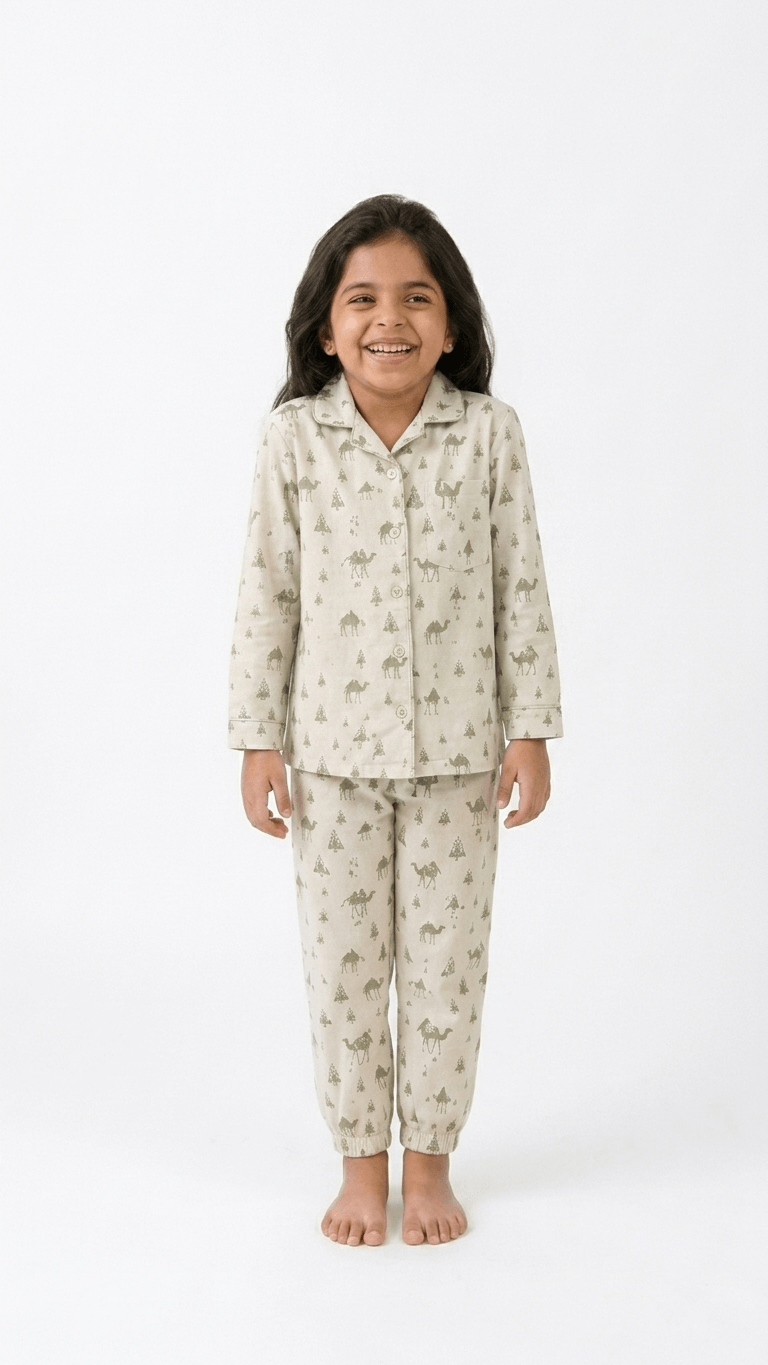 Satrangi House Kids 100% Pure Cotton Woven Full-Sleeve Sage Green Camel Print Night Suit Pajama Set with Travel Pouch
