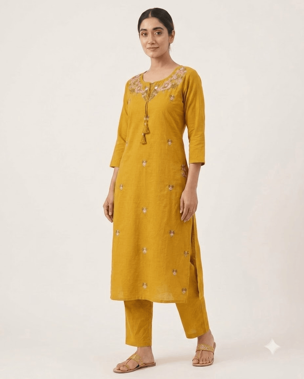 Women's Mustard Yellow Pure Cotton Embroidered Kurta Pant Set – 3-Piece Haldi Traditional Straight Suit Set with Mirror Work