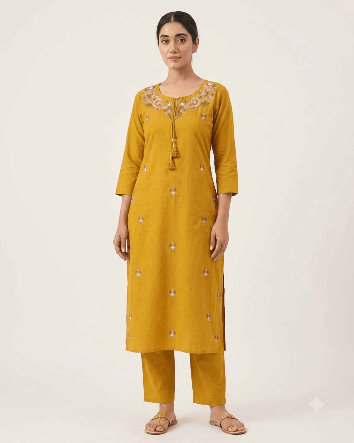 Women's Mustard Yellow Pure Cotton Embroidered Kurta Pant Set – 3-Piece Haldi Traditional Straight Suit Set with Mirror Work
