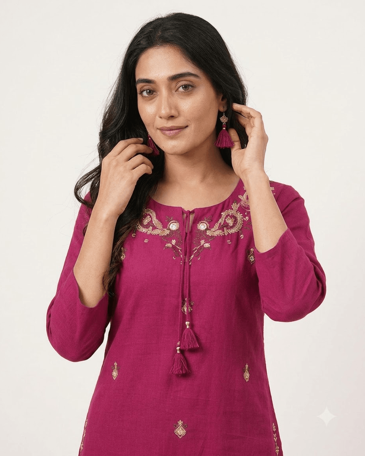 Women's Magenta Pink Pure Cotton Embroidered Kurta Pant Set – 3-Piece Rani Pink Traditional Straight Suit Set with Mirror Work