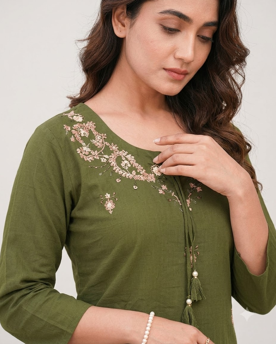 Women's Olive Green Pure Cotton Embroidered Kurta Pant Set – 3-Piece Mehendi Traditional Straight Suit Set with Mirror Work