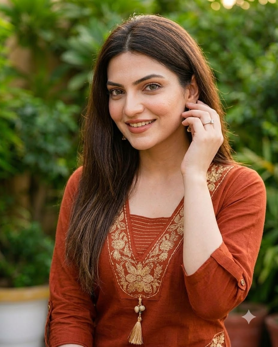 Women's Rust Orange Embroidered Straight Kurta Pant Set with Dupatta – 3-Piece Terracotta Cotton Blend Suit Set with Embroidered Pockets