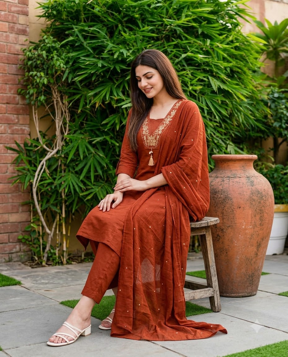 Women's Rust Orange Embroidered Straight Kurta Pant Set with Dupatta – 3-Piece Terracotta Cotton Blend Suit Set with Embroidered Pockets