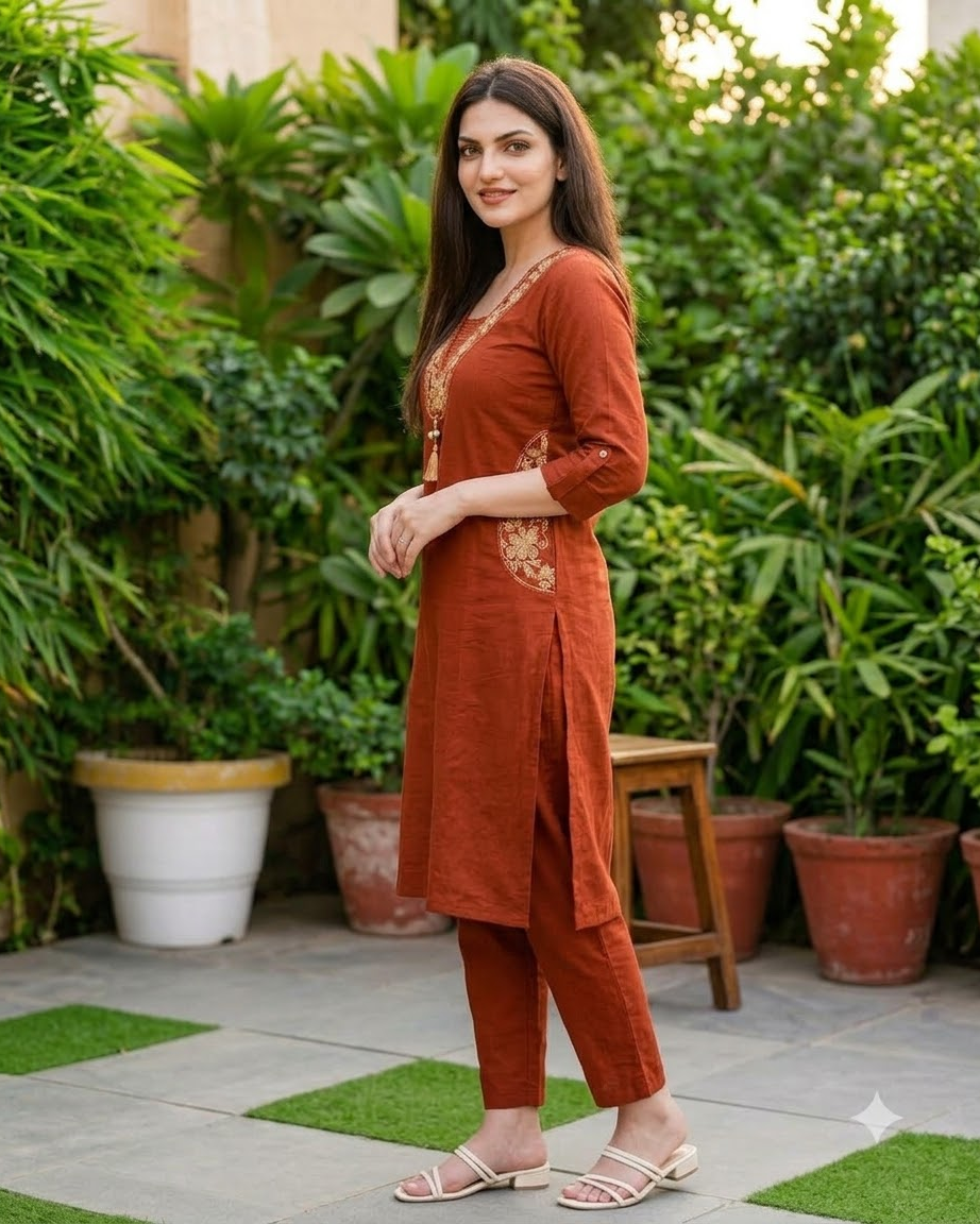 Women's Rust Orange Embroidered Straight Kurta Pant Set with Dupatta – 3-Piece Terracotta Cotton Blend Suit Set with Embroidered Pockets