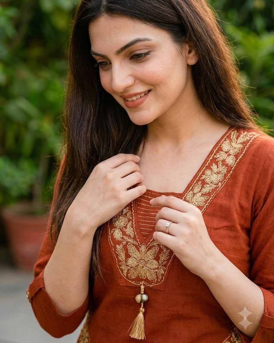 Women's Rust Orange Embroidered Straight Kurta Pant Set with Dupatta – 3-Piece Terracotta Cotton Blend Suit Set with Embroidered Pockets