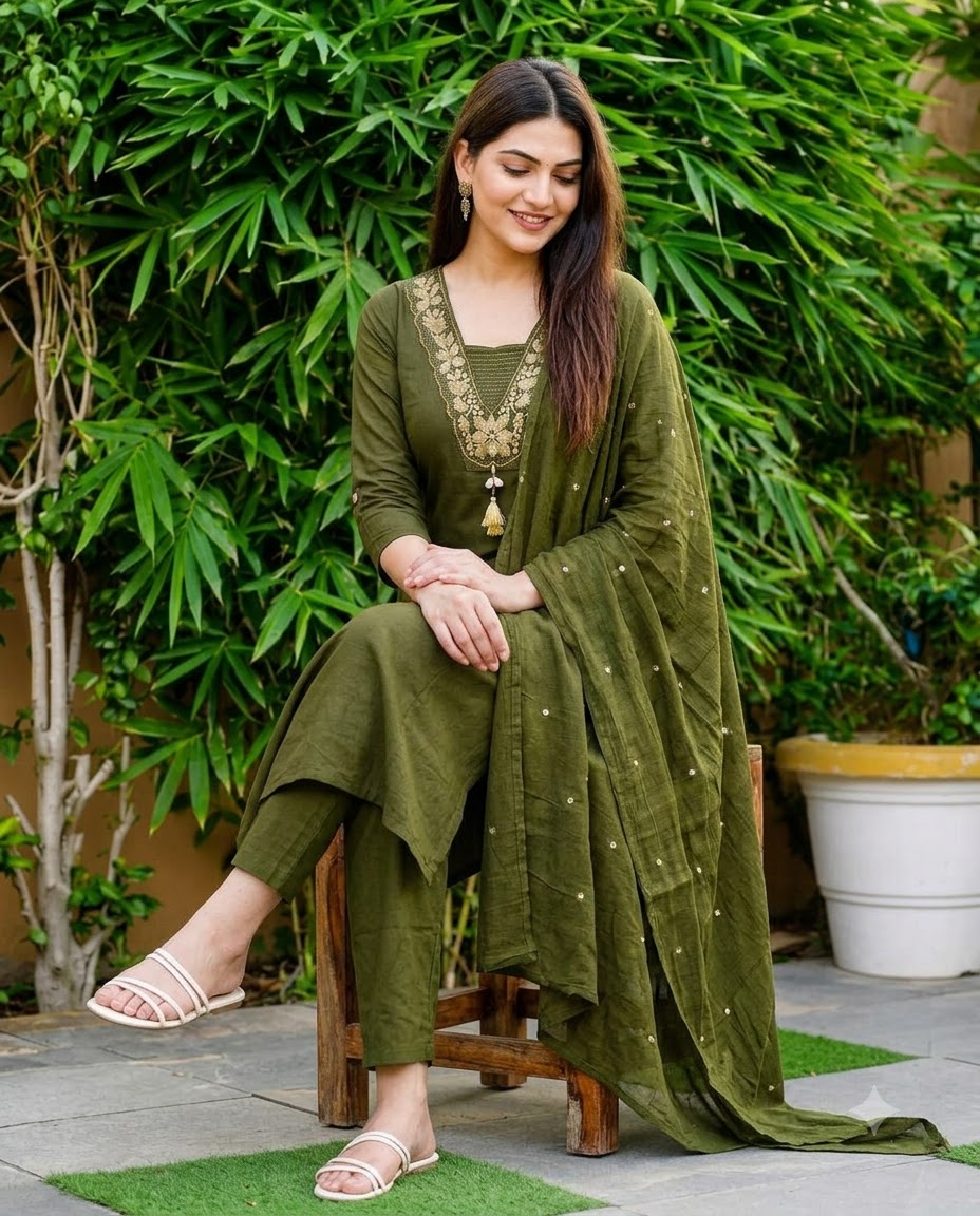Women's Olive Green Embroidered Straight Kurta Pant Set with Dupatta – 3-Piece Mehendi Cotton Blend Suit Set with Embroidered Pockets