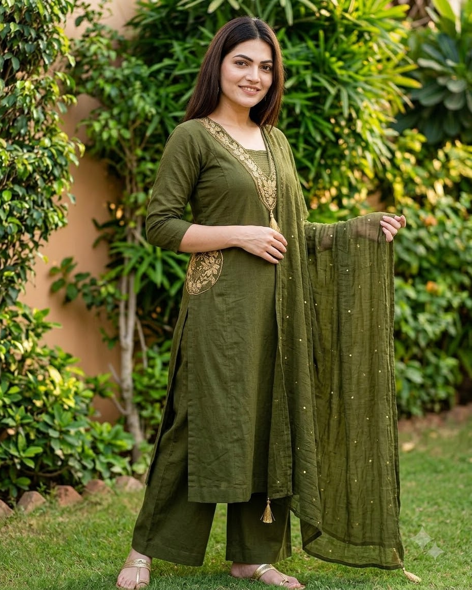 Women's Olive Green Embroidered Straight Kurta Pant Set with Dupatta – 3-Piece Mehendi Cotton Blend Suit Set with Embroidered Pockets