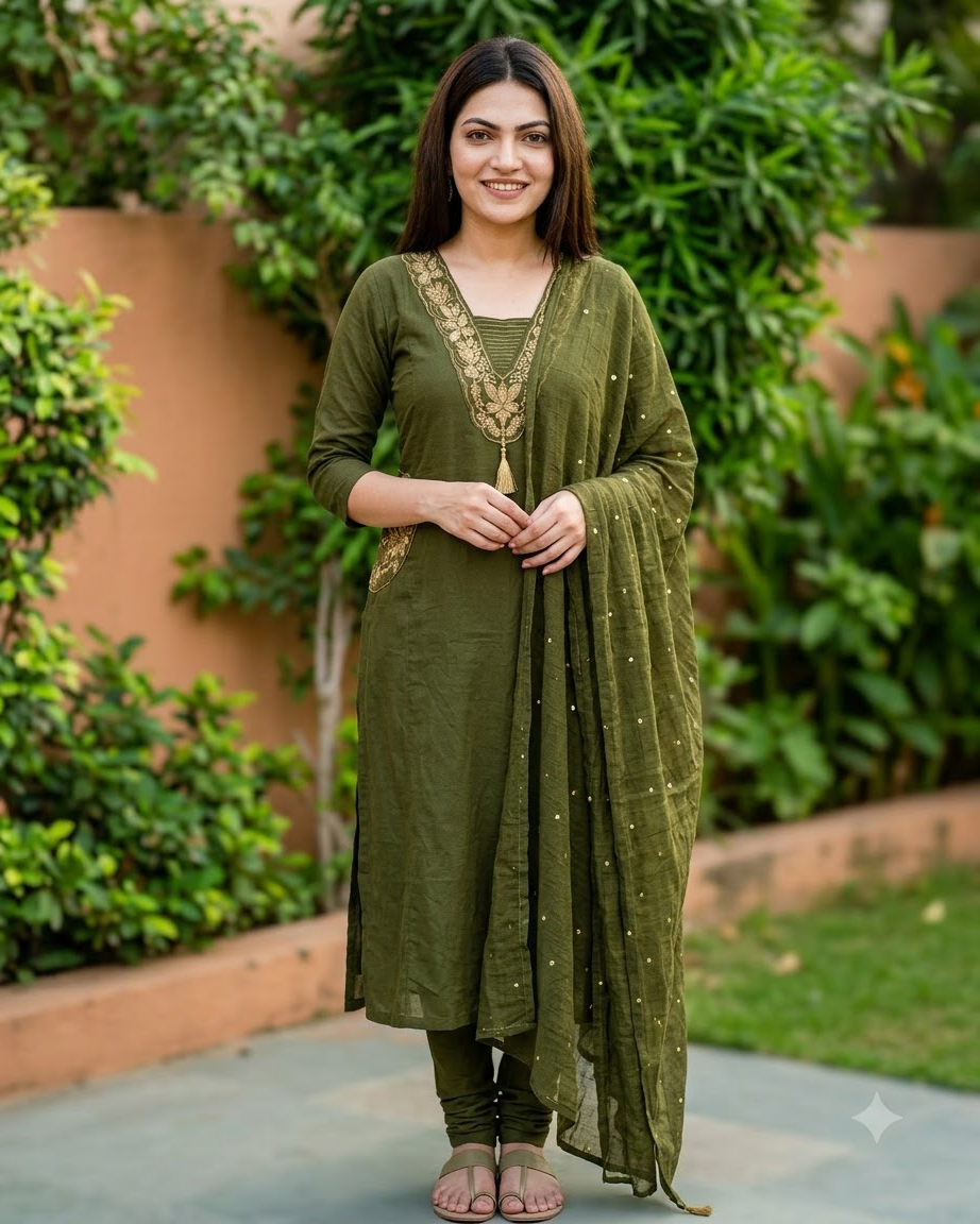 Women's Olive Green Embroidered Straight Kurta Pant Set with Dupatta – 3-Piece Mehendi Cotton Blend Suit Set with Embroidered Pockets