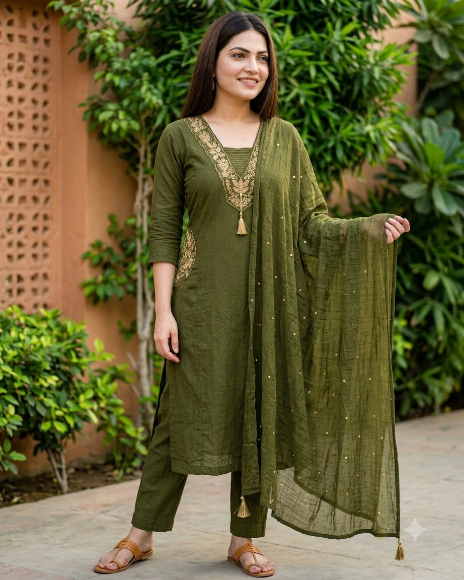 Women's Olive Green Embroidered Straight Kurta Pant Set with Dupatta – 3-Piece Mehendi Cotton Blend Suit Set with Embroidered Pockets