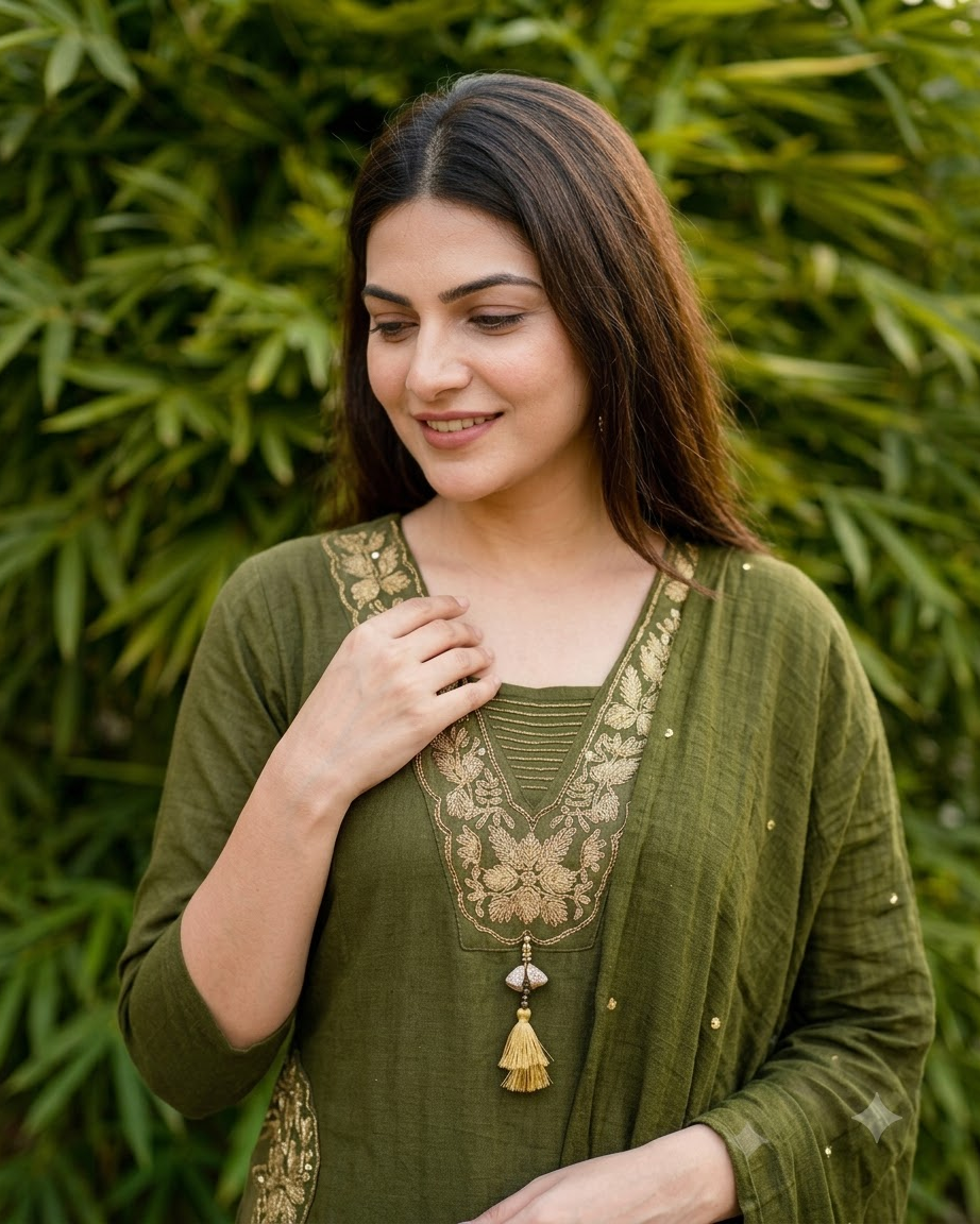 Women's Olive Green Embroidered Straight Kurta Pant Set with Dupatta – 3-Piece Mehendi Cotton Blend Suit Set with Embroidered Pockets