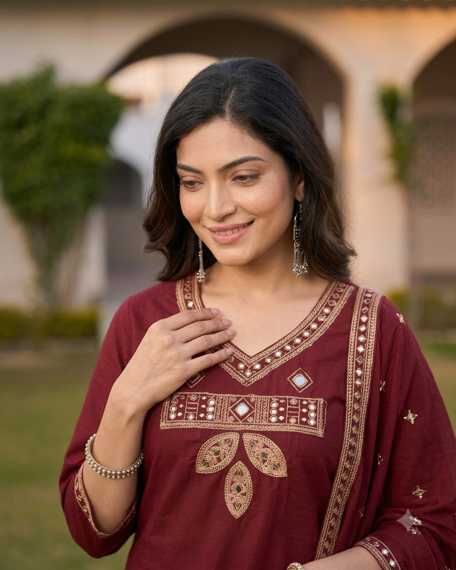 Women's Maroon Embroidered A-Line Kurta Pant Set with Dupatta – 3-Piece Wine Red Cotton Blend Flared Suit Set with Pockets