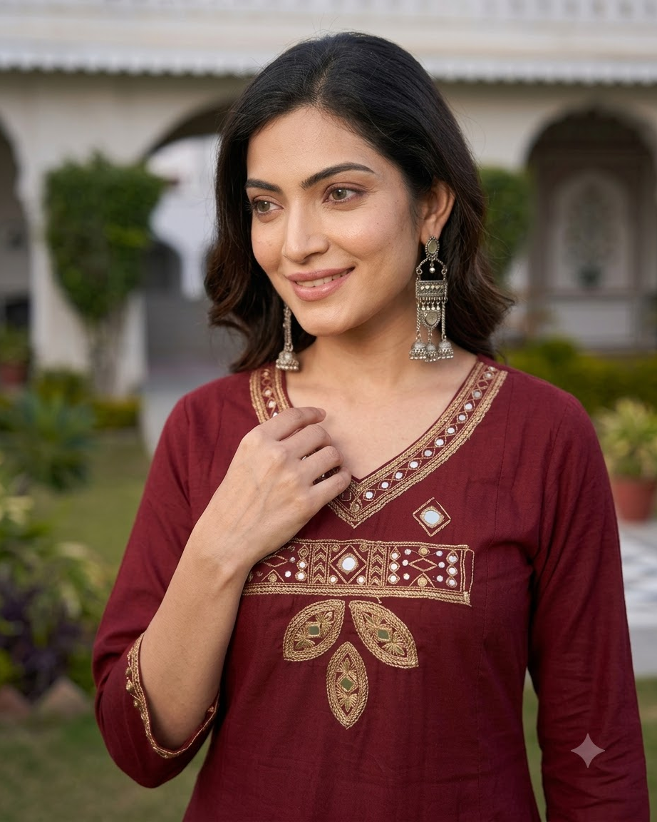 Women's Maroon Embroidered A-Line Kurta Pant Set with Dupatta – 3-Piece Wine Red Cotton Blend Flared Suit Set with Pockets