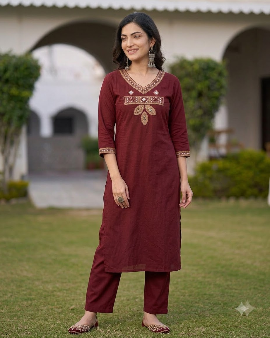 Women's Maroon Embroidered A-Line Kurta Pant Set with Dupatta – 3-Piece Wine Red Cotton Blend Flared Suit Set with Pockets