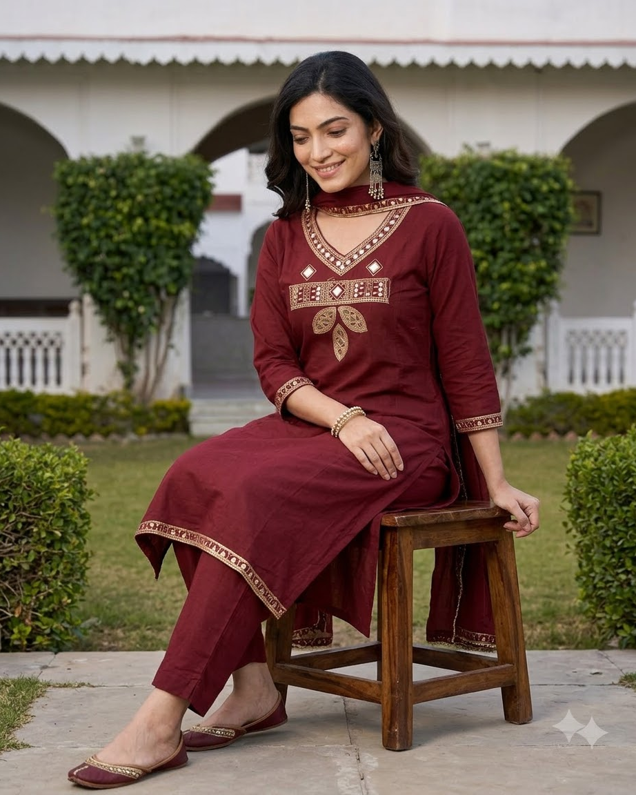 Women's Maroon Embroidered A-Line Kurta Pant Set with Dupatta – 3-Piece Wine Red Cotton Blend Flared Suit Set with Pockets