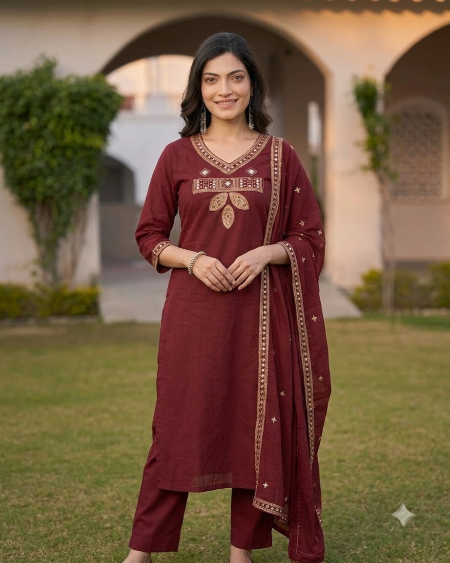 Women's Maroon Embroidered A-Line Kurta Pant Set with Dupatta – 3-Piece Wine Red Cotton Blend Flared Suit Set with Pockets