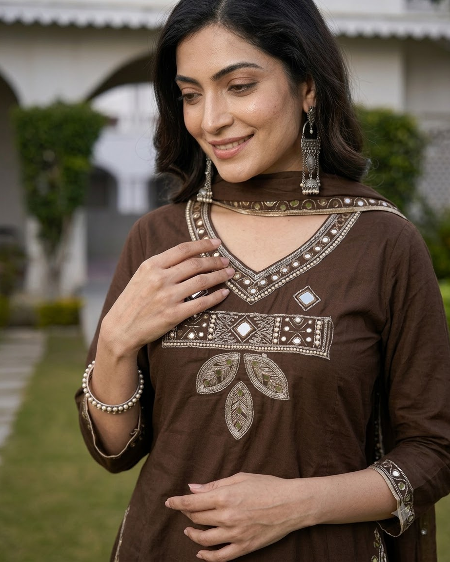Women's Coffee Brown Embroidered A-Line Kurta Pant Set with Dupatta – 3-Piece Chocolate Cotton Blend Flared Suit Set with Pockets