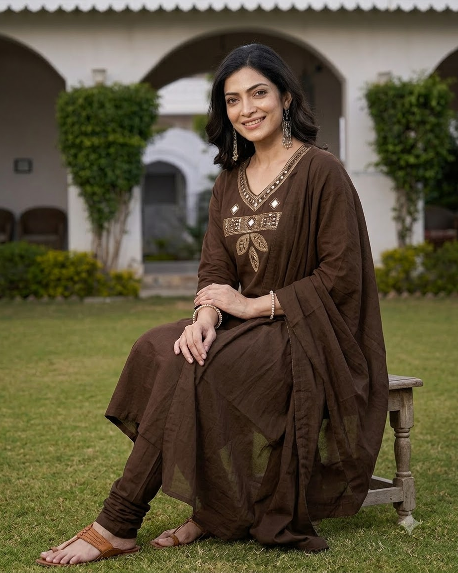 Women's Coffee Brown Embroidered A-Line Kurta Pant Set with Dupatta – 3-Piece Chocolate Cotton Blend Flared Suit Set with Pockets