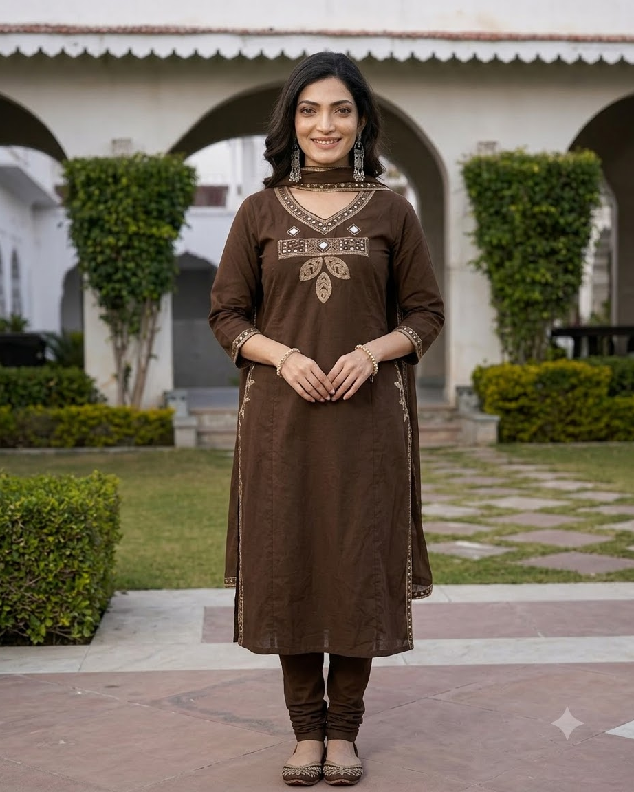 Women's Coffee Brown Embroidered A-Line Kurta Pant Set with Dupatta – 3-Piece Chocolate Cotton Blend Flared Suit Set with Pockets
