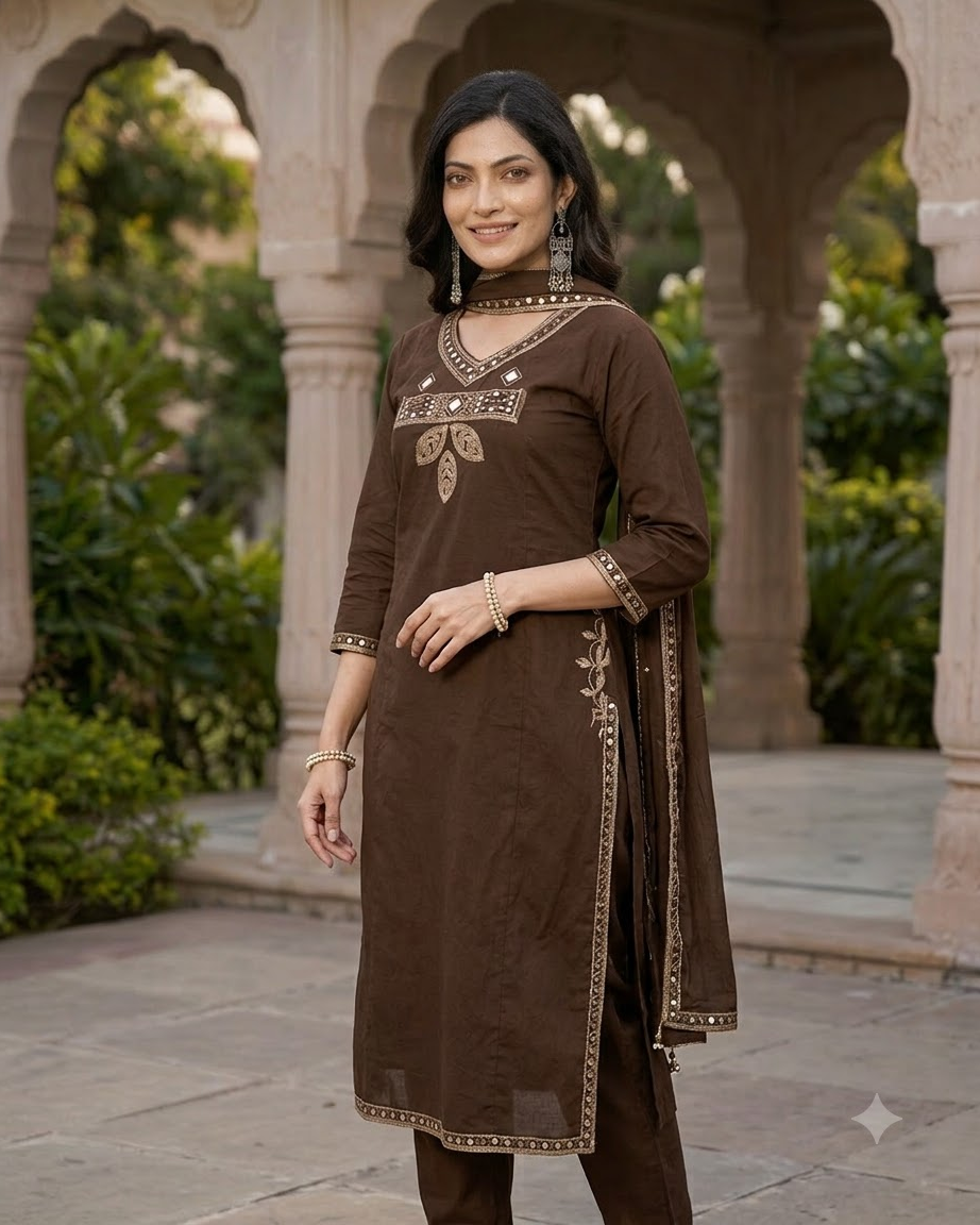 Women's Coffee Brown Embroidered A-Line Kurta Pant Set with Dupatta – 3-Piece Chocolate Cotton Blend Flared Suit Set with Pockets