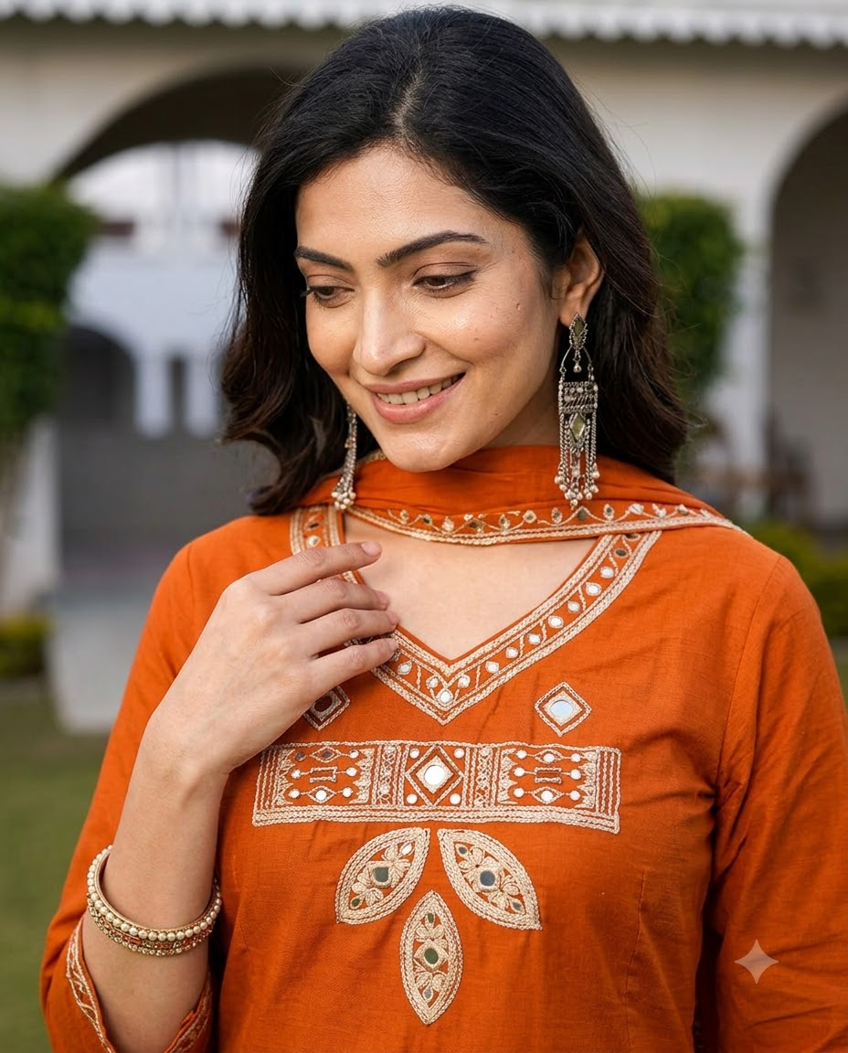 Women's Rust Orange Embroidered A-Line Kurta Pant Set with Dupatta – 3-Piece Cotton Blend Flared Suit Set with Pockets