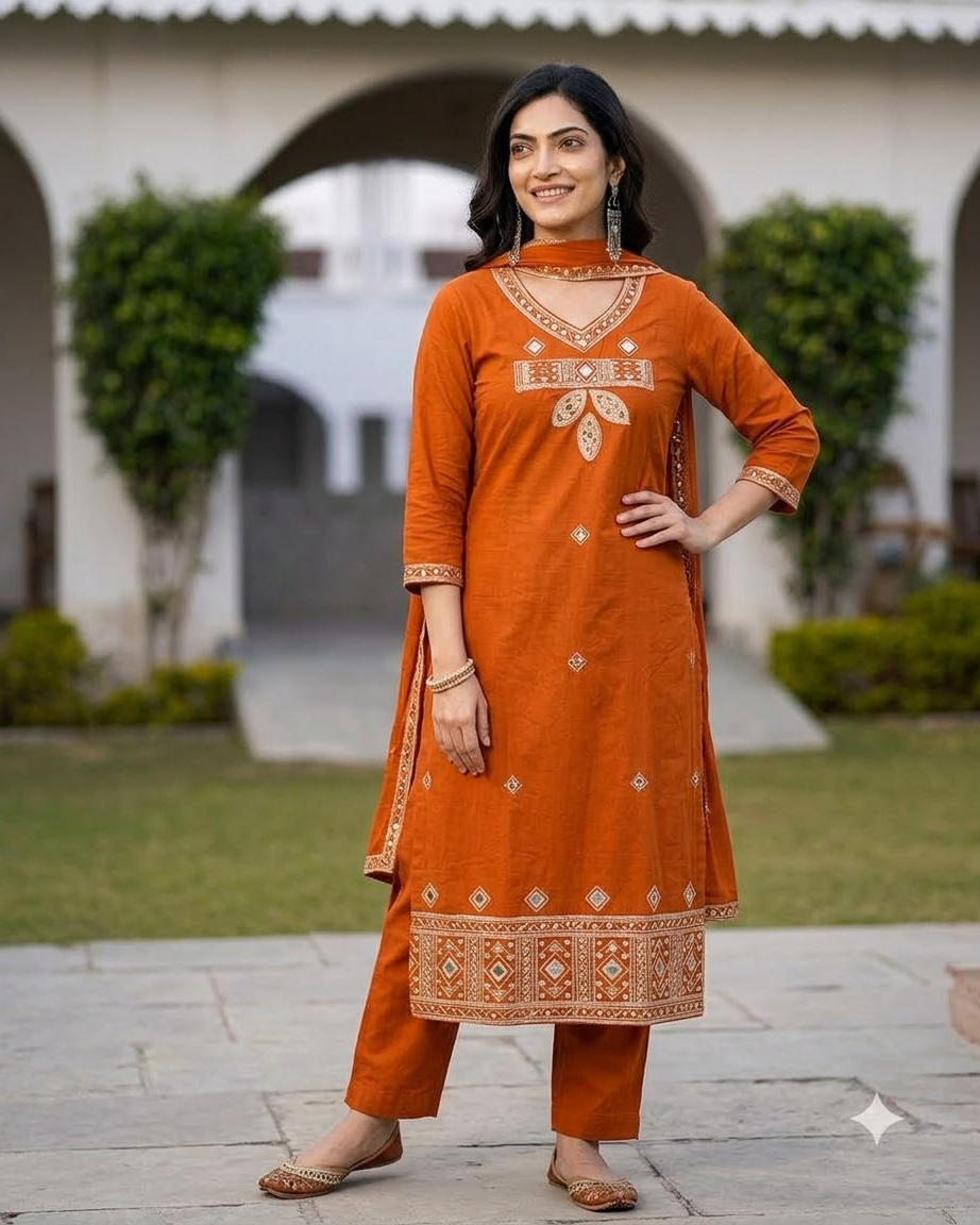 Women's Rust Orange Embroidered A-Line Kurta Pant Set with Dupatta – 3-Piece Cotton Blend Flared Suit Set with Pockets