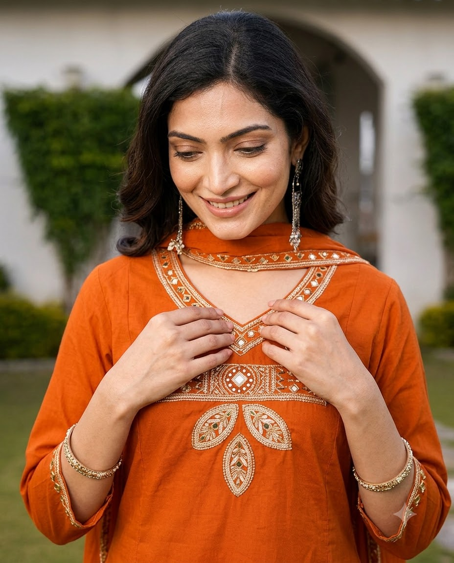 Women's Rust Orange Embroidered A-Line Kurta Pant Set with Dupatta – 3-Piece Cotton Blend Flared Suit Set with Pockets
